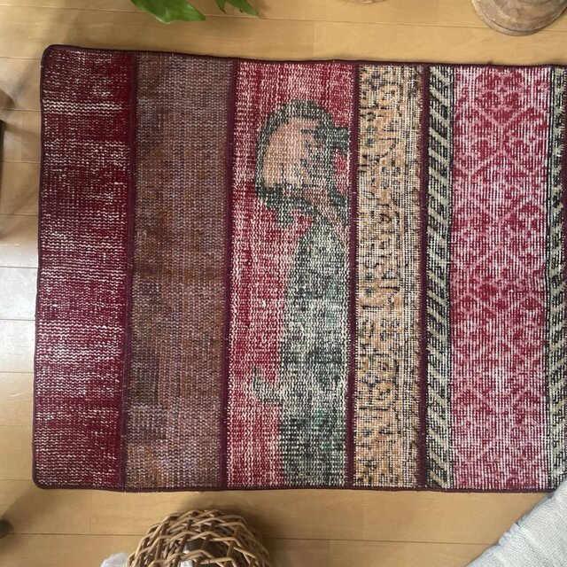 62.5×142 パッチワークラグ ボルドーステッチ トルコヴィンテージラグ