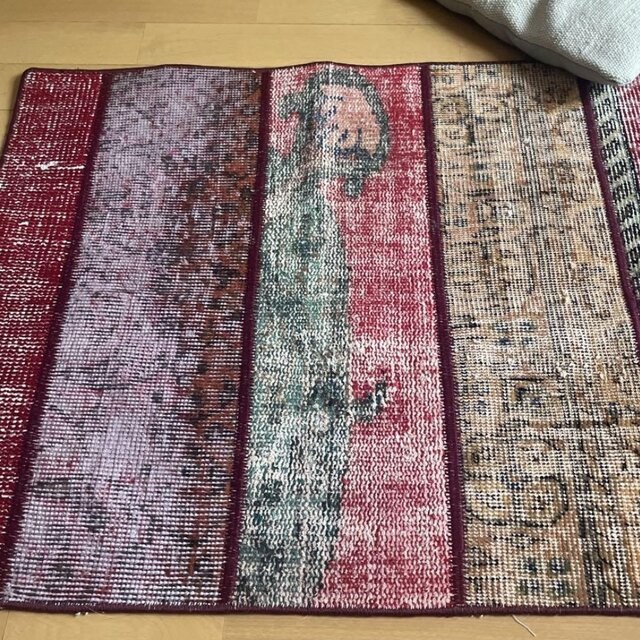 62.5×142 パッチワークラグ ボルドーステッチ トルコヴィンテージラグ