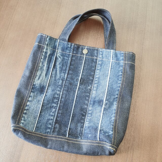 ㊸ トートバッグ ☆ リメイク 岡山デニム ヒッコリー ハンドバッグ