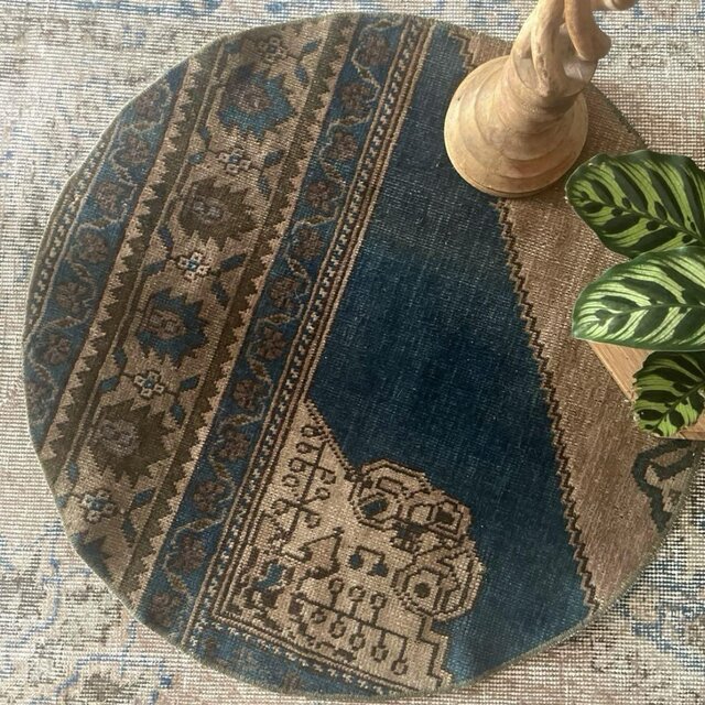 71.5×71.5 ラウンドラグ 円形 艶ネイビー藍色 トルコヴィンテージラグ