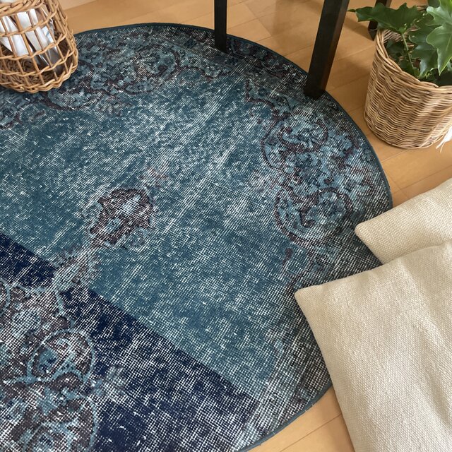 102×103 レア ラウンドラグ ブルーオーバーダイ トルコヴィンテージ