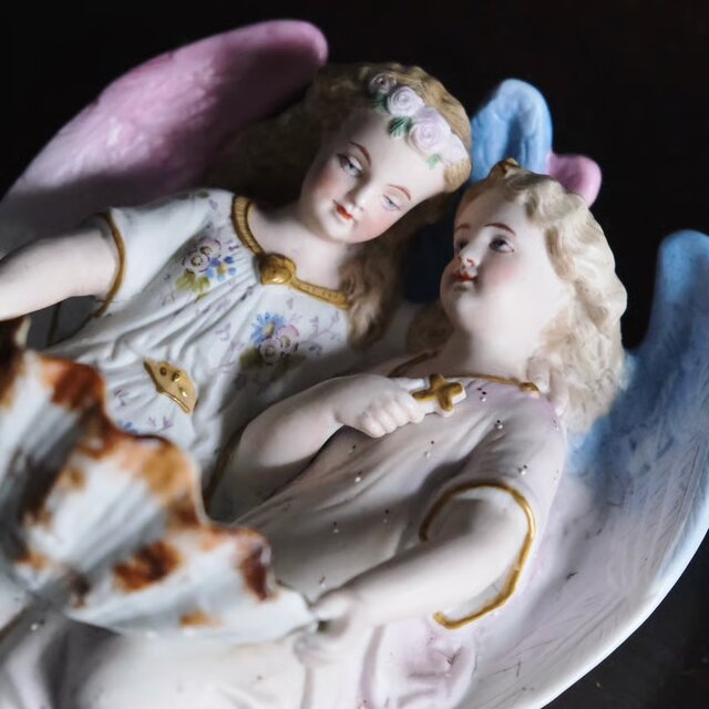 ベニティエ 聖水盤 二人 天使 ビスク ポリクローム 彩色 h24cm