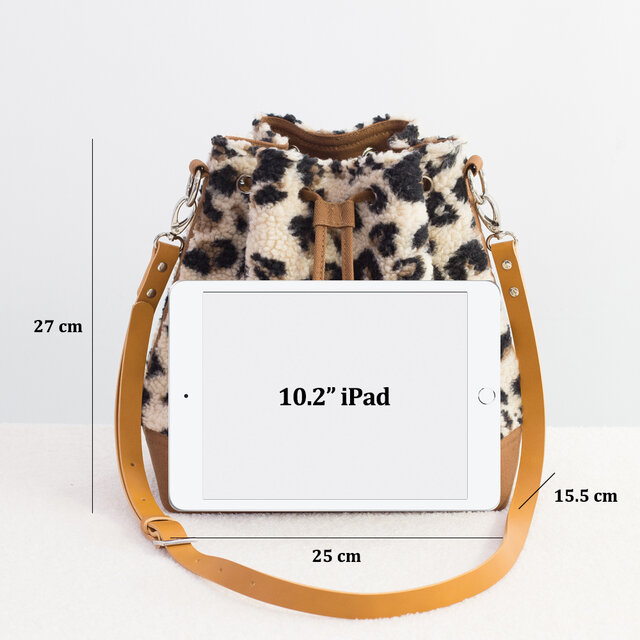 レオパードボアx牛革x帆布 ショルダーバッグ（Lサイズ）モコモコ可愛い