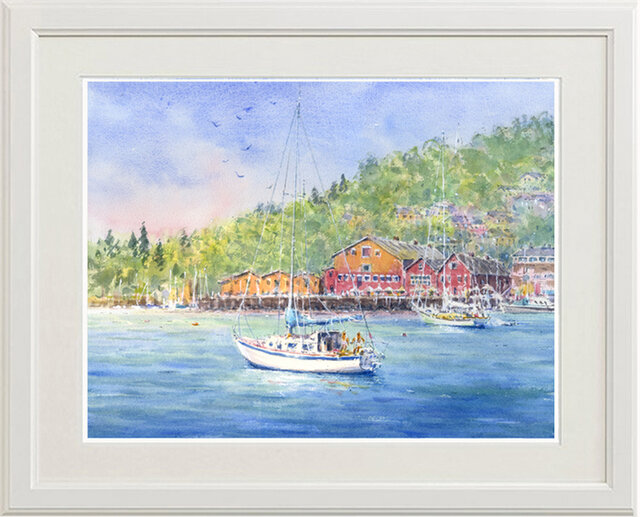 水彩画 ヨットと港の風景 N. Iwakiri 額装済み 原画 F6サイズ 水彩画
