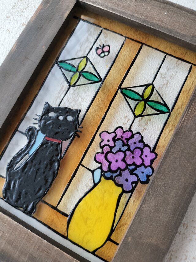 送料無料*ステンドグラス風*猫とステンドグラスの窓・ハンドメイド