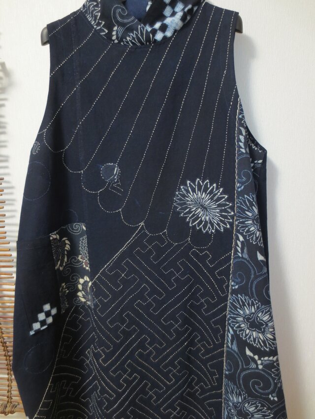 古布リメイク ミニフード刺し子ジャンバースカートワンピース 襤褸