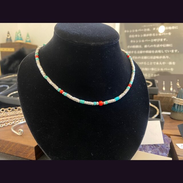 カレンシルバー&ターコイズ&赤珊瑚(染)ネックレス 純銀 約45cm | iichi