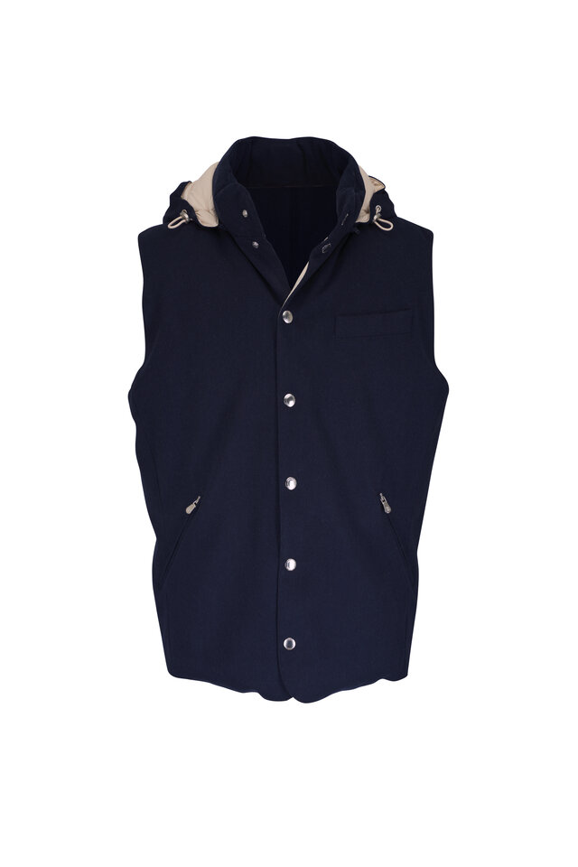 Brunello Cucinelli - Navy Blue Wool Quilted Down Hooded Vest