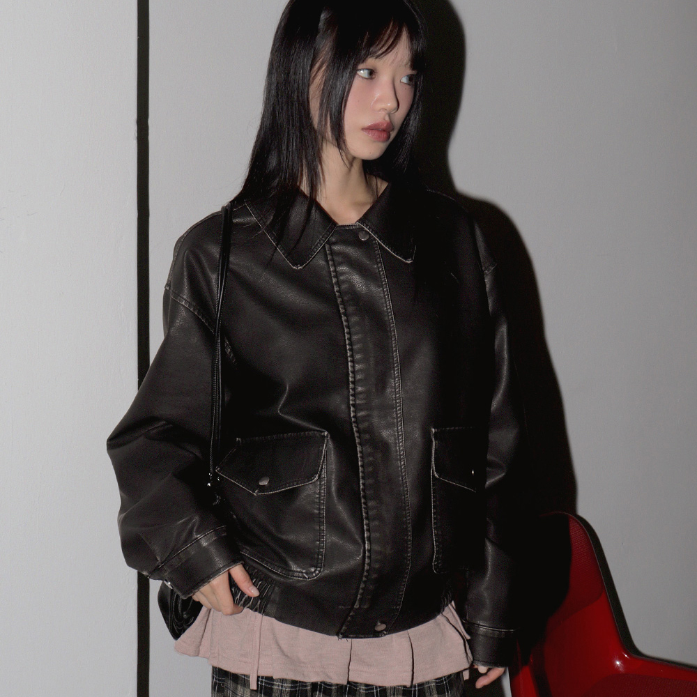 original]ヴィンテージウォッシュポケットオーバーサイズレザー