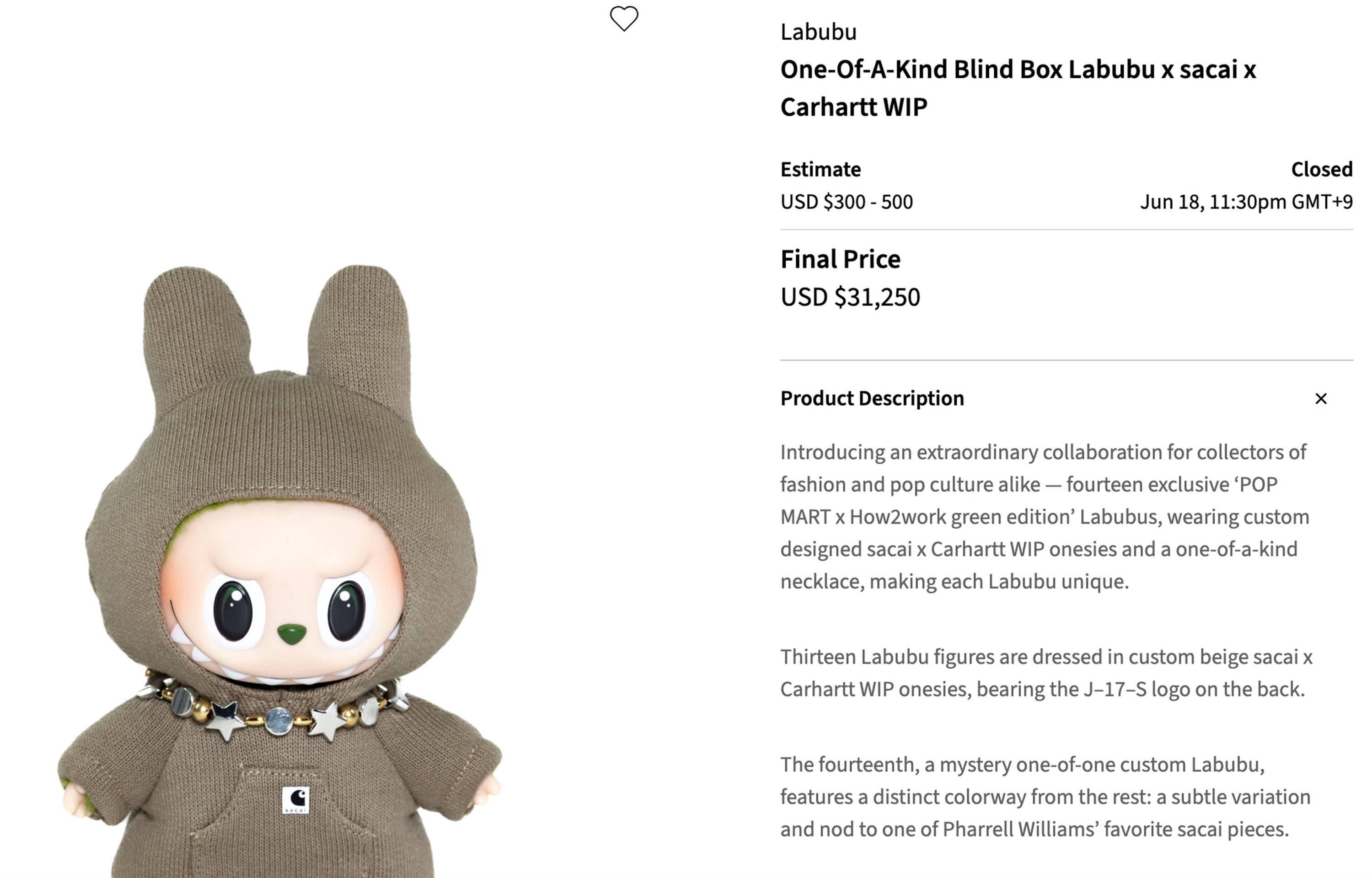 sacai × SEVENTEENのLabubuが約453万円で落札！ファレル・ウィリアムス