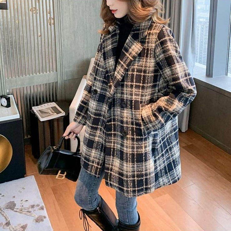 着るだけで季節感たっぷりチェックコート ミドル丈 物[品番