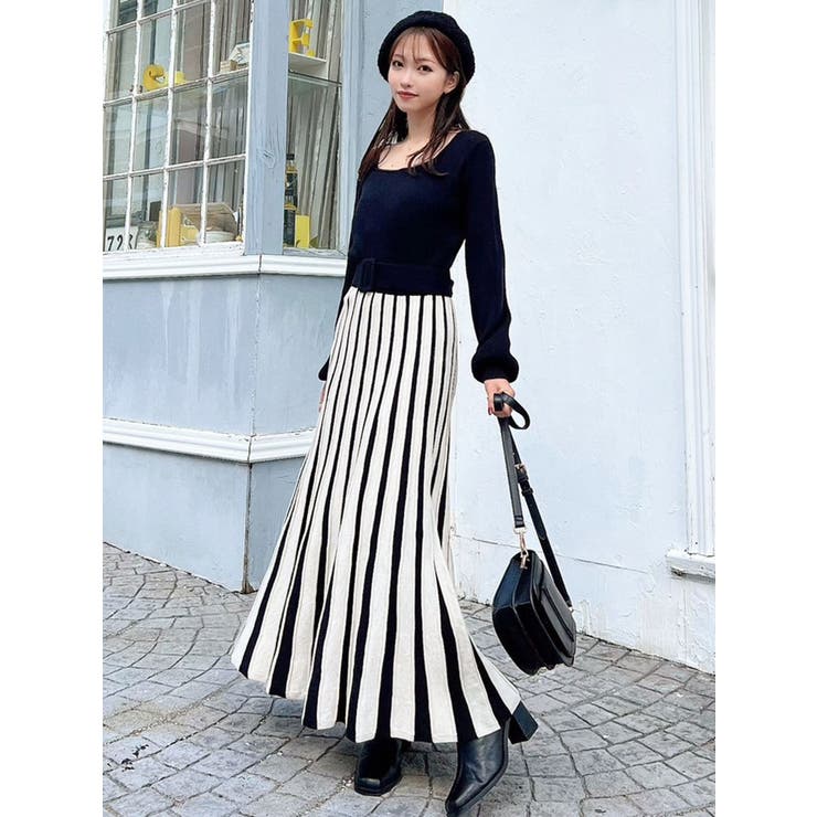 バイカラープリーツロングニットワンピース[品番：MKSW0055619