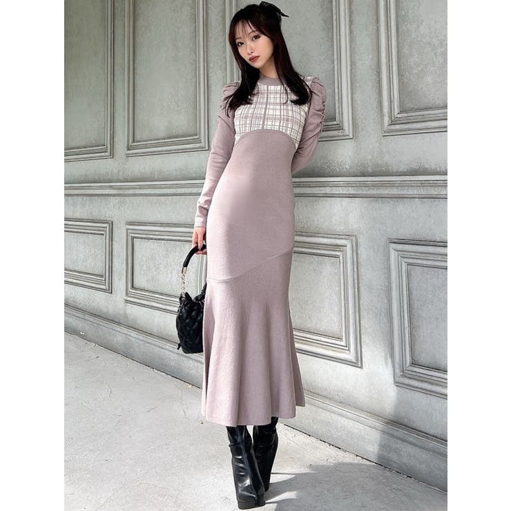 チェックジャガードマーメイドニットワンピース[品番：MKSW0062035