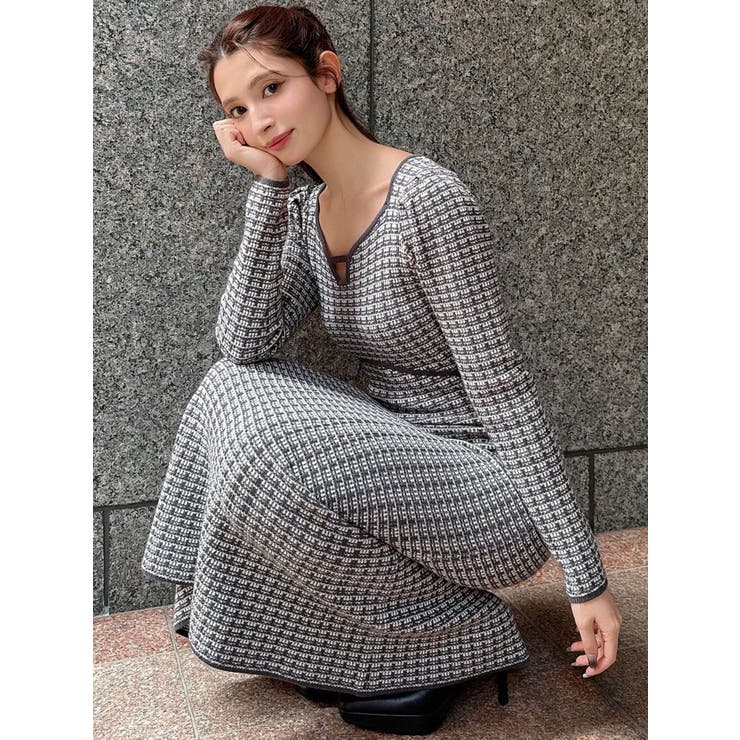 WEB限定】バイカラーツイードニットワンピース[品番：MKSW0067492