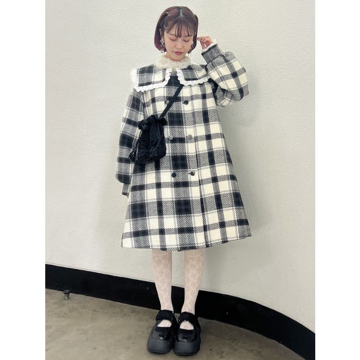 チェックセーラーカラーAラインコート[品番：MKSW0053816]｜merry