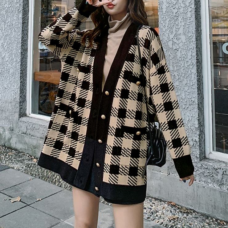 ニットカーディガン レディースチェック柄[品番：II000007491