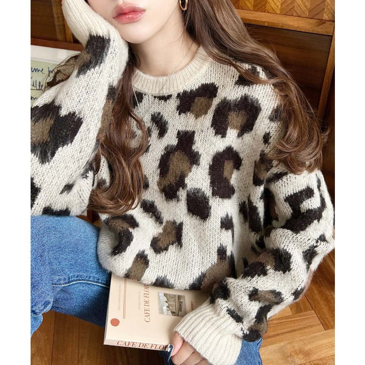 ニュアンスレオパード柄ジャガードニットプルオーバー[品番
