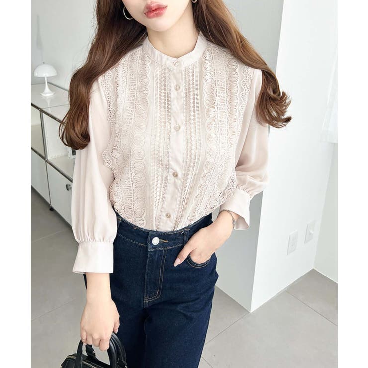 シフォンジョーゼットスタンドカラーフロントレースシャツ[品番