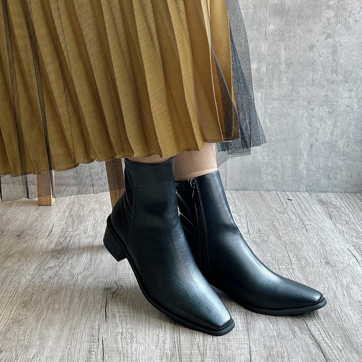 サイドファスナー スクエアトゥ エレガントショートブーツ[品番