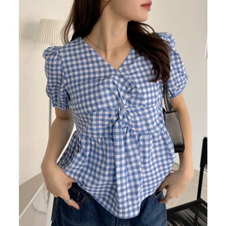 フロント ねじりデザイン パフスリーブ ギンガムチェック ペプラム
