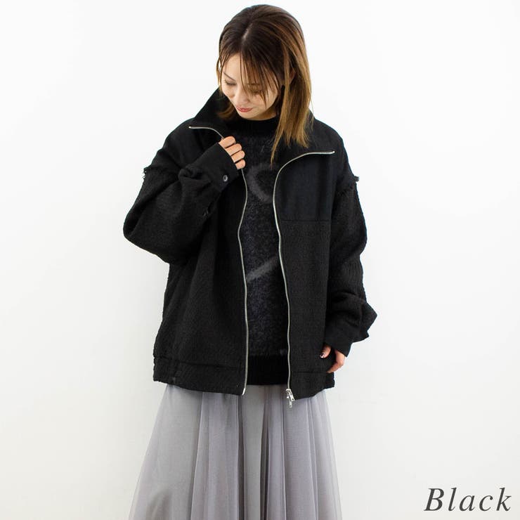 ファンシーツイード異素材切替スタンドブルゾン[品番：ACTW0004287]｜A