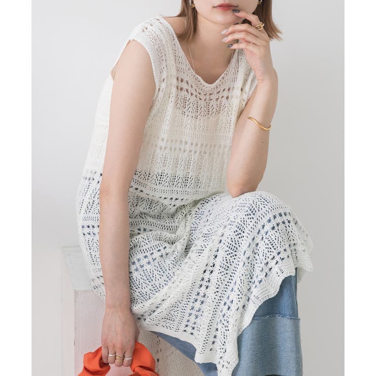 透かし編み・サイドスリット ニットワンピース[品番：ADEW0004116]｜ad