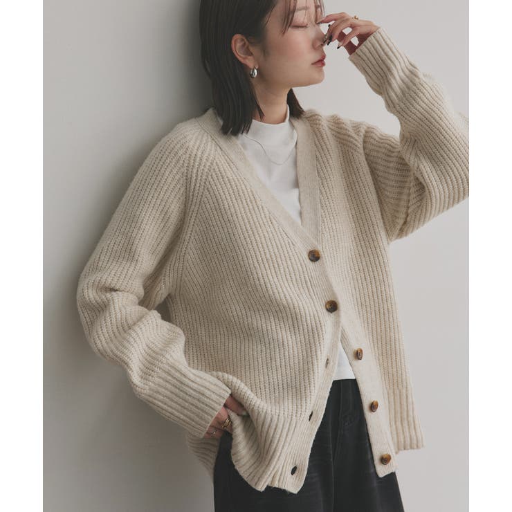 片畦編み・Vネック MIXニットカーディガン[品番：ADEW0003803]｜ad