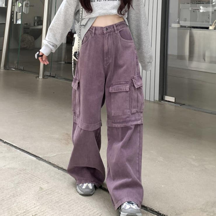 HOOK】for girls アシンメトリービッグポケットカラーデニムカーゴパ