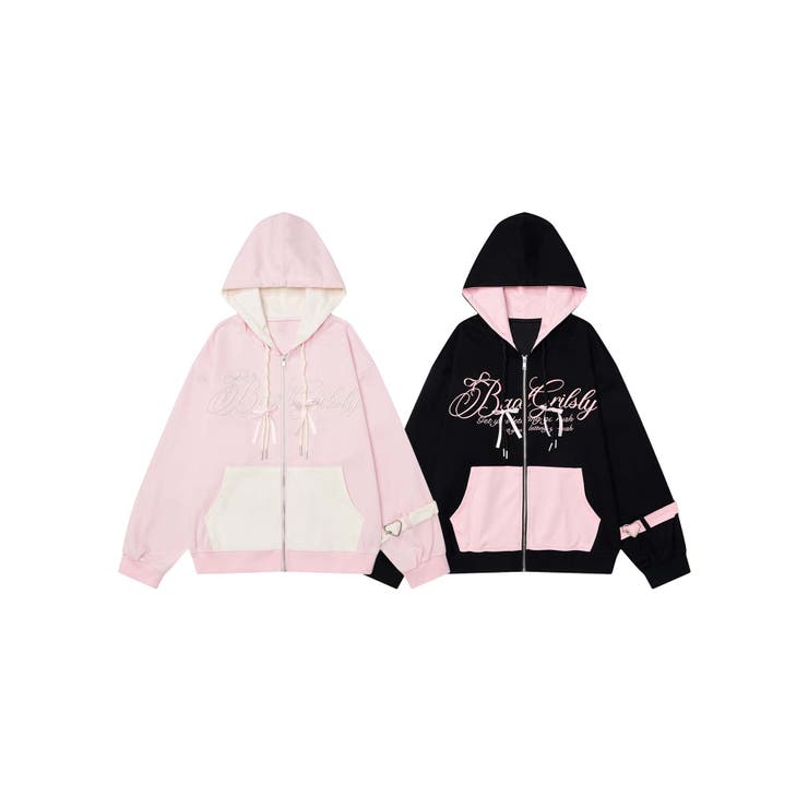 HOOK】for girls バイカラー刺繍ジップパーカー[品番：XT000012586