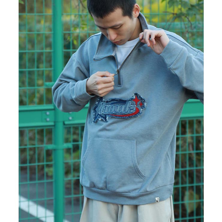 HOOK original アメカジパッチ刺繍デニム風ウォッシュハーフジップ