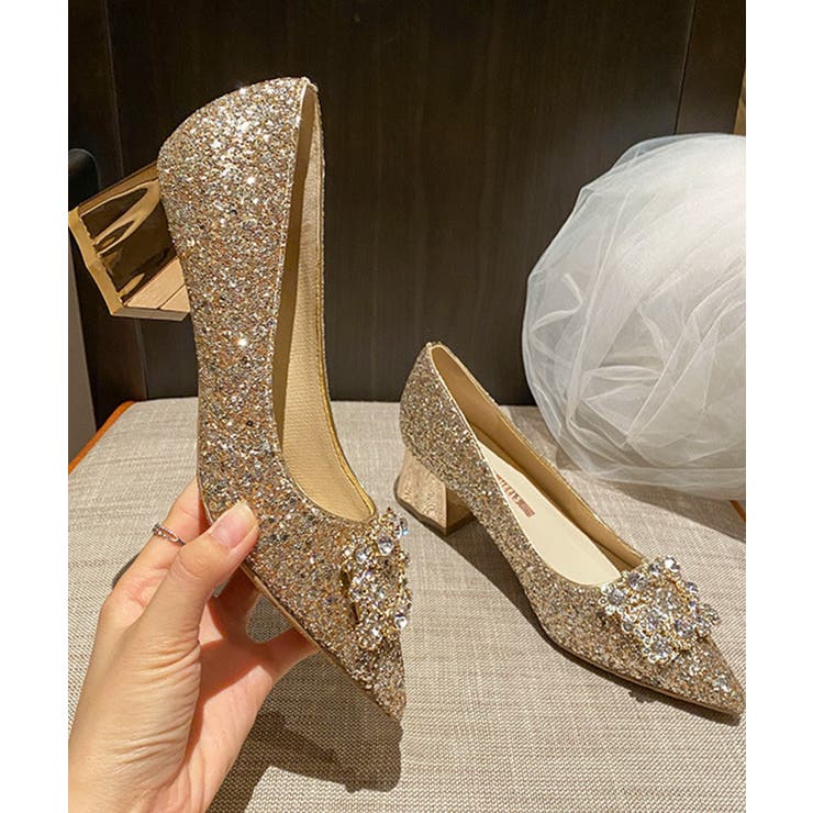キラキララメの太ヒールビジューパンプス（ヒール5㎝）韓国