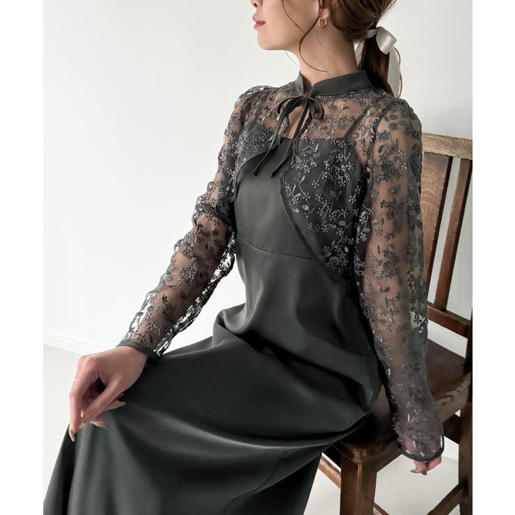 オケージョン対応]前後2wayレースボレロ＆サテンキャミワンピースSET