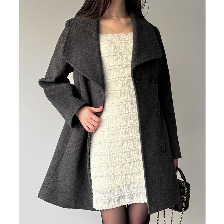 ショールカラーミドル丈ウエストシェイプフレアコート[品番