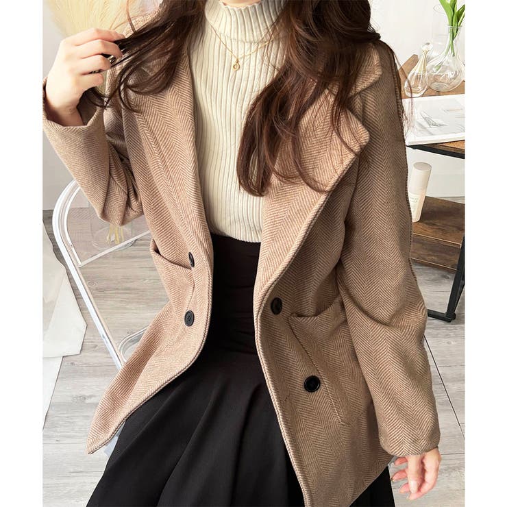 ミドル丈ヘリンボーン柄チェスターコート レディース 秋冬[品番