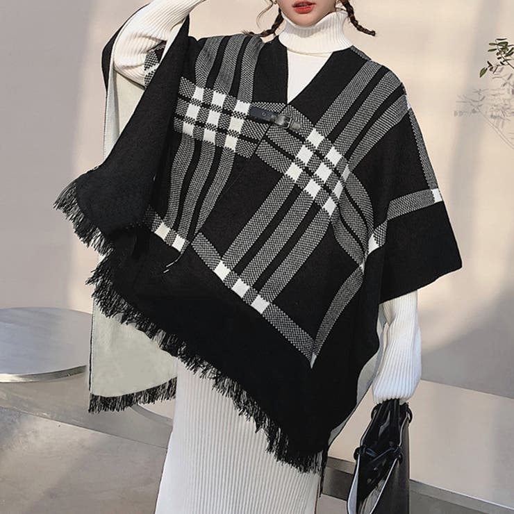 チェック柄ケープ ニットショールポンチョ[品番：AGCW0003612