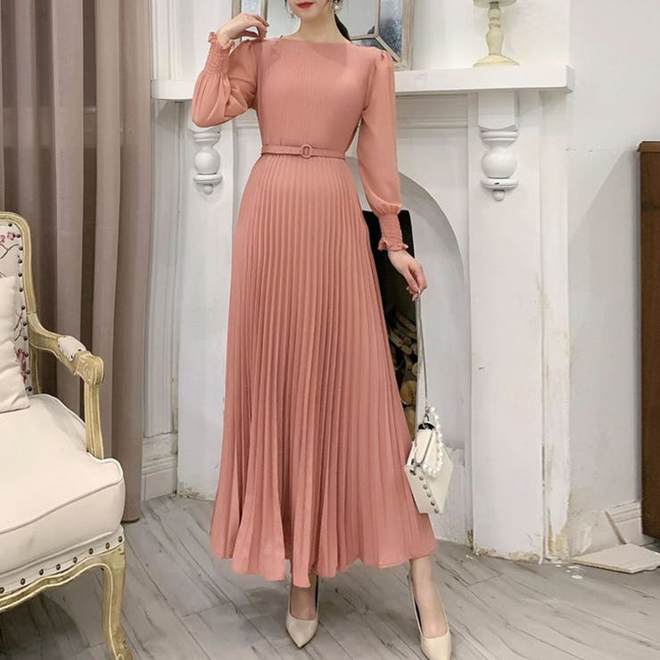 プリーツ ワンピース ウエストマーク上品[品番：AGCW0002864