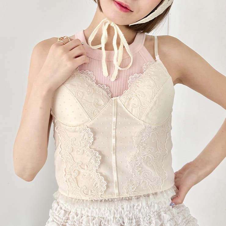 ドットチュールレースランジェリー風キャミソール[品番：OUTW0000493