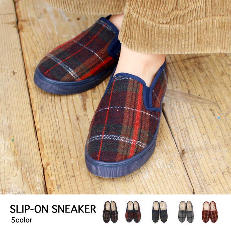 チェック柄 スリッポン スニーカー レディーススニーカー[品番