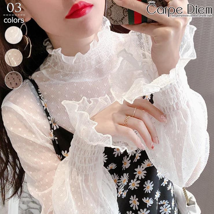 フリル レースシアーブラウス シャーリングタートルネック[品番