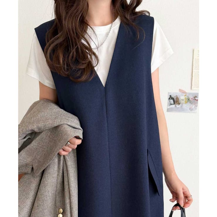 上品リラクシーstyle。ポケット付Vネックワンピース[品番：WZ000004763