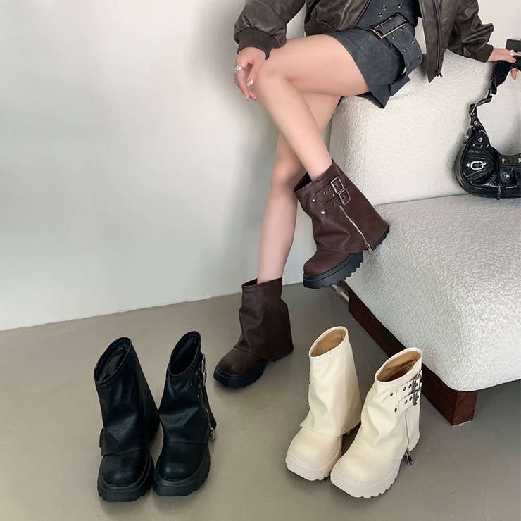 厚底ブーツ ショートブーツ ベルト付きカバーブーツ[品番：COCW0006174