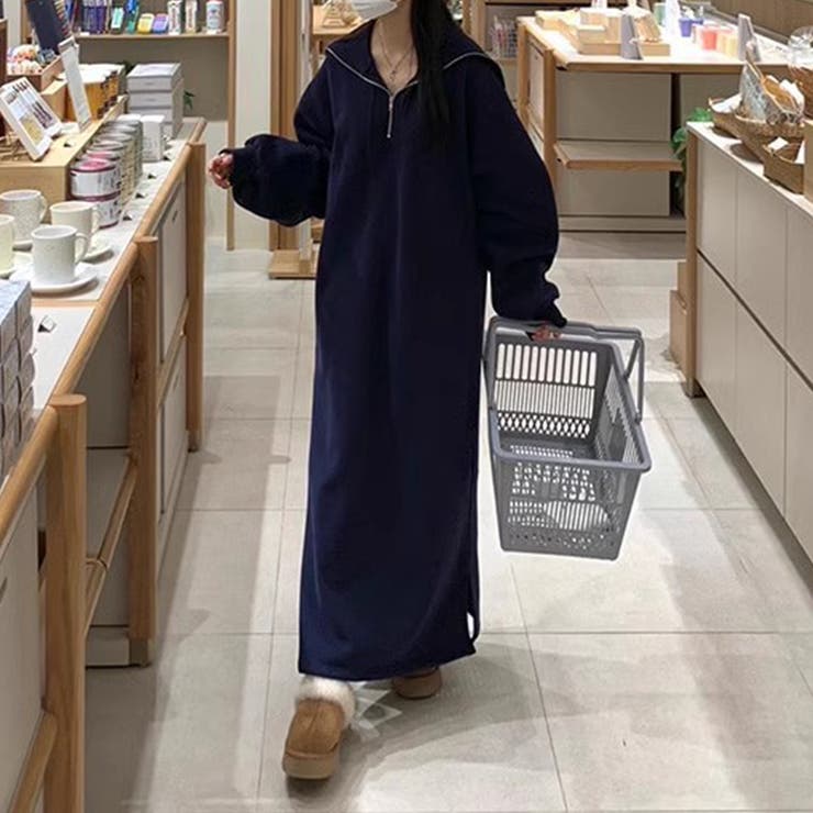 裏起毛 ハーフジップワンピース ロングワンピース[品番：COCW0006122