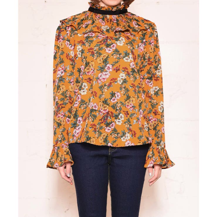 ハイネックラッフルカラー花柄ブラウス(シャツ トップス フリル[品番