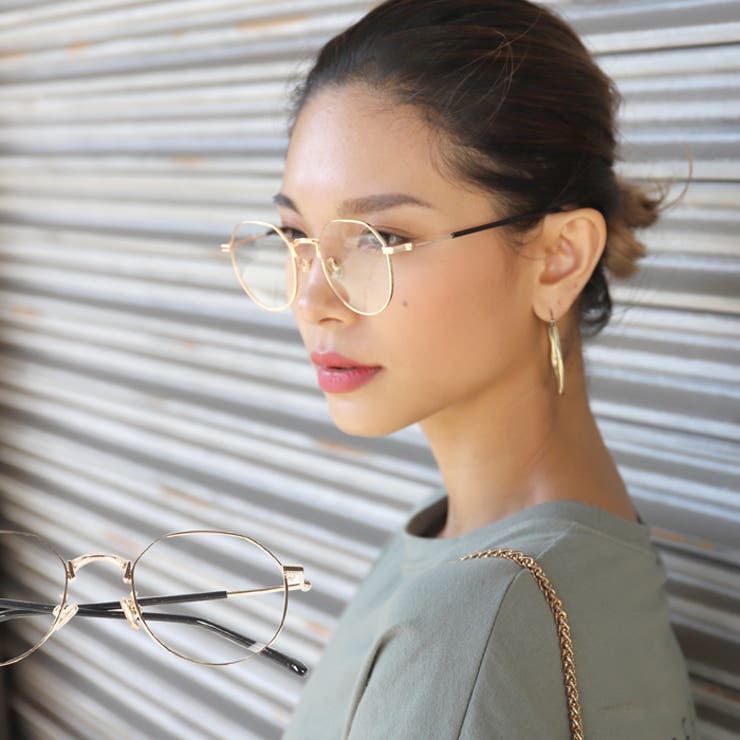 ヘキサゴン風ゴールドフレーム伊達メガネ(眼鏡 めがね 六角形[品番