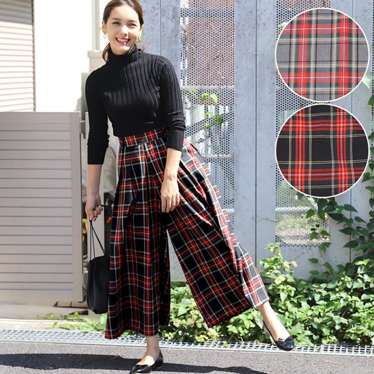 タータンチェックフロントタックガウチョパンツcocaオリジナル(Aライン