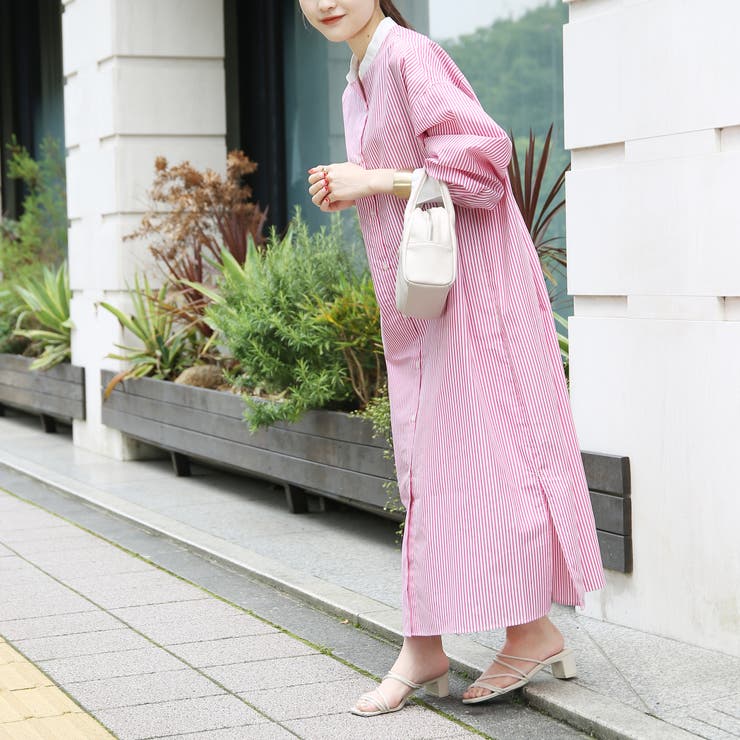 ボリュームスリーブストライプシャツワンピース[品番：COEW0003429