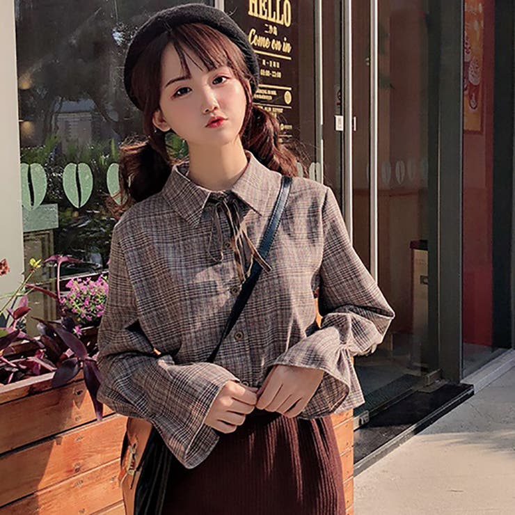 リボン付グレンチェック柄シャツ 春夏新作 韓国ファッション[品番