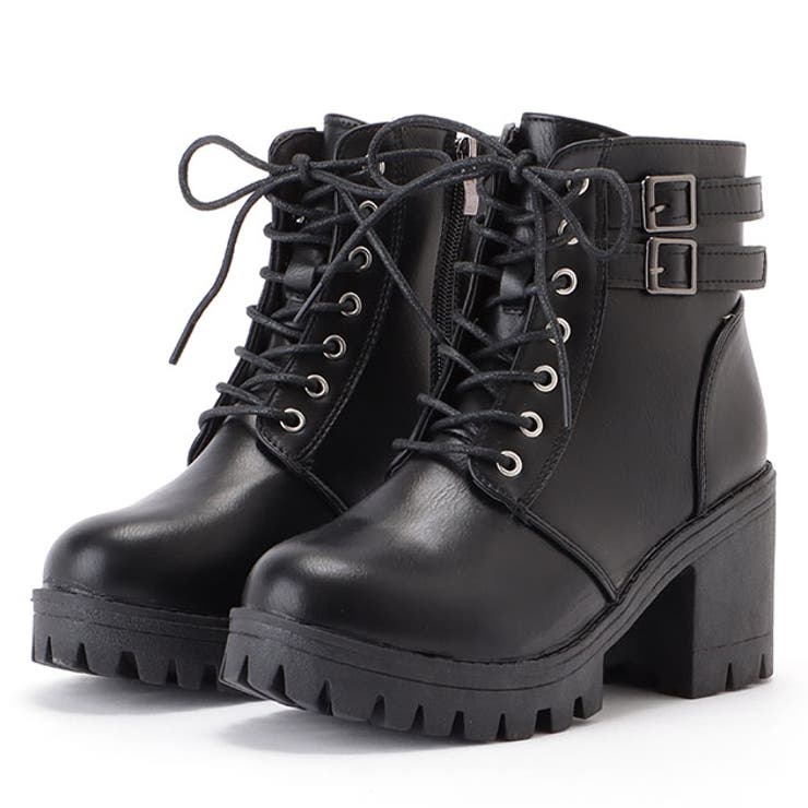 ダブルベルト付きレザー調レースアップショートブーツ 女性 レディース