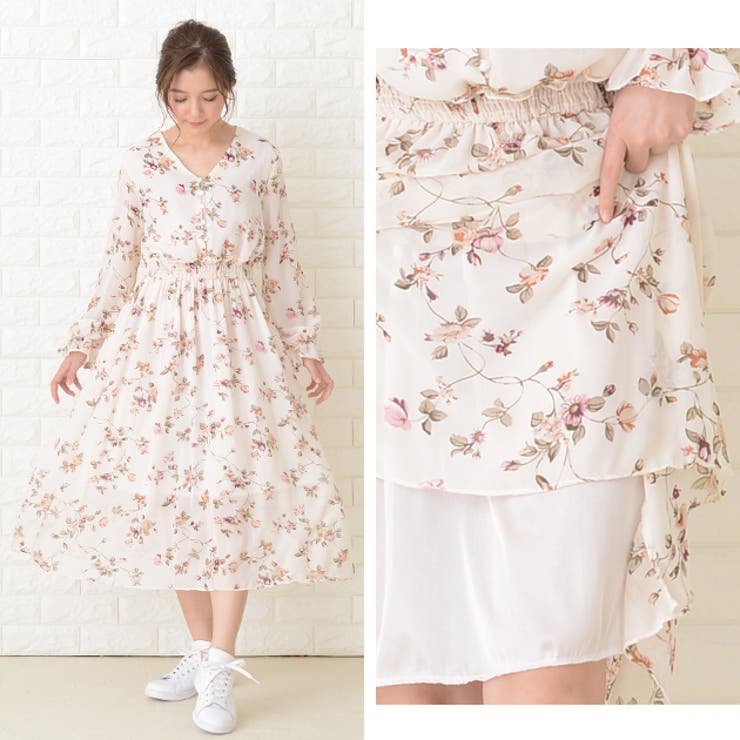 シフォンワンピース 花柄 ブラック[品番：LCLW0001312]｜レース