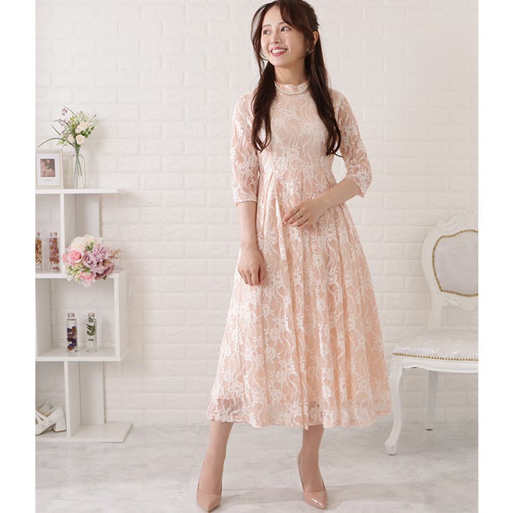 総レース5分袖タックワンピース 女性 レディース[品番：LCLW0003655